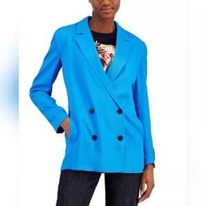 HUGO Boss Set Solid-Color Faux-Double Breasted Blazer + Wide Leg Pants blue sz 8